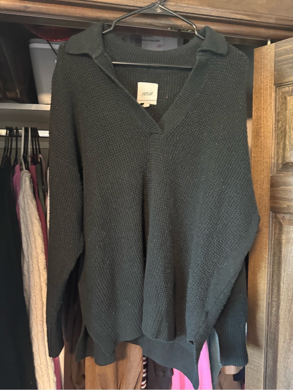 aerie Black V-Neck Collared Knit Sweater